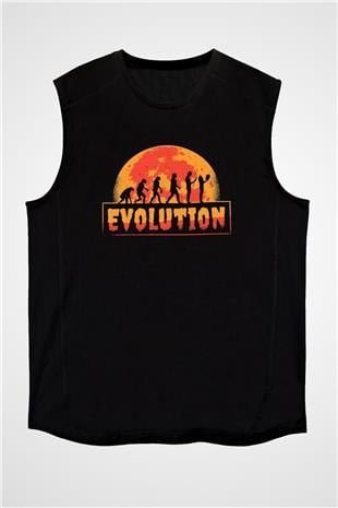 Ürpertici Evrim Baskılı Unisex Kolsuz Siyah Tişört - Tshirt