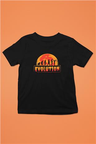 Ürpertici Evrim Baskılı Unisex Siyah Çocuk Tişörtü - Tshirt