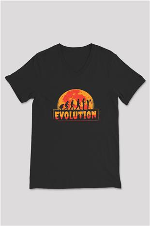 Ürpertici Evrim Baskılı Unisex V Yaka Siyah Tİşört - Tshirt