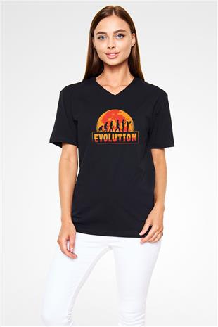Ürpertici Evrim Baskılı Unisex V Yaka Siyah Tİşört - Tshirt