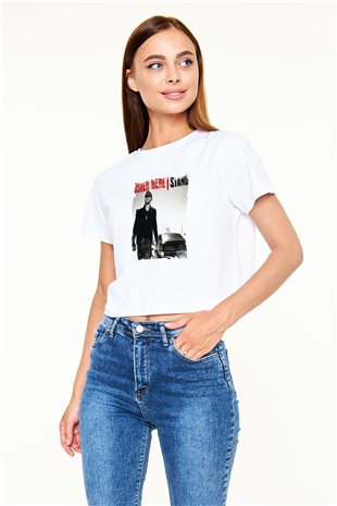 Usher  Baskılı Beyaz Kadın Crop Top Tişört