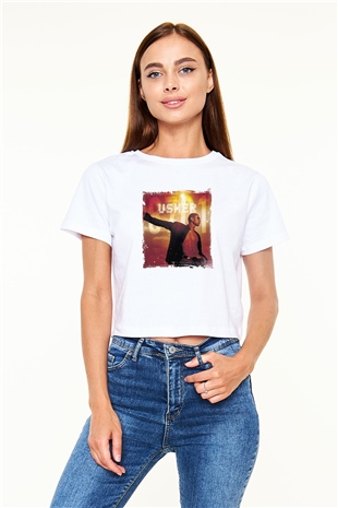 Usher  Baskılı Beyaz Kadın Crop Top Tişört