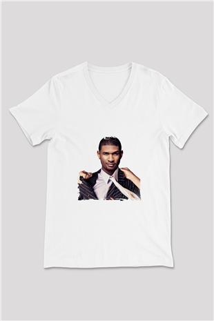 Usher  Baskılı Beyaz V Yaka Unisex Tişört