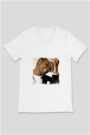 Usher  Baskılı Beyaz V Yaka Unisex Tişört