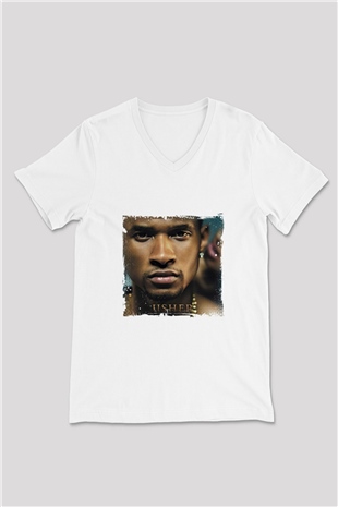 Usher  Baskılı Beyaz V Yaka Unisex Tişört