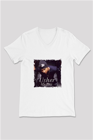 Usher  Baskılı Beyaz V Yaka Unisex Tişört