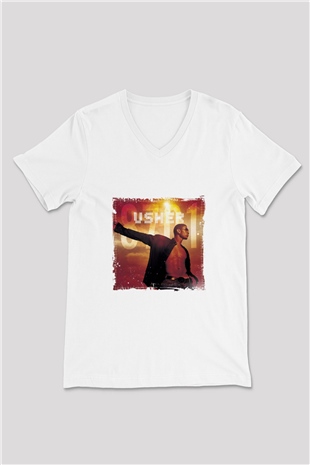 Usher  Baskılı Beyaz V Yaka Unisex Tişört