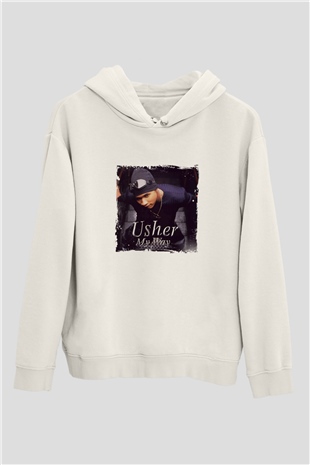 Usher  Baskılı Unisex Beyaz Kapüşonlu Sweatshirt
