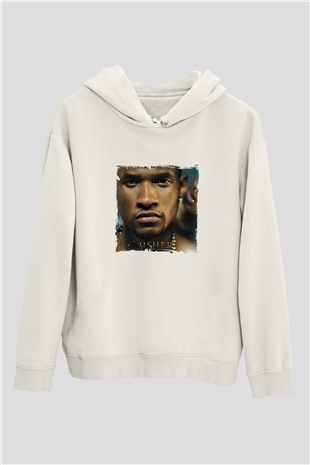 Usher  Baskılı Unisex Beyaz Kapüşonlu Sweatshirt