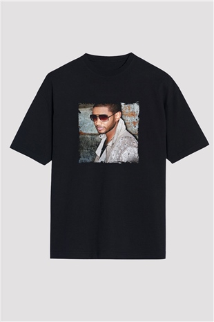Usher  Baskılı Unisex Oversize Siyah Tişört