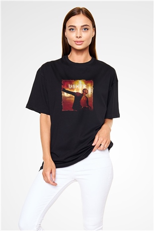 Usher  Baskılı Unisex Oversize Siyah Tişört