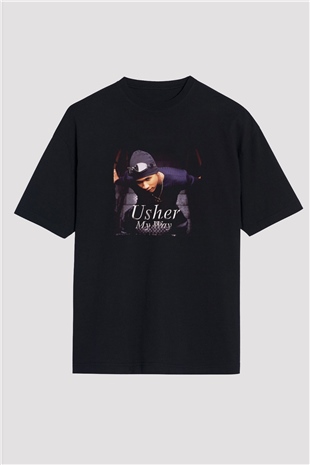 Usher  Baskılı Unisex Oversize Siyah Tişört