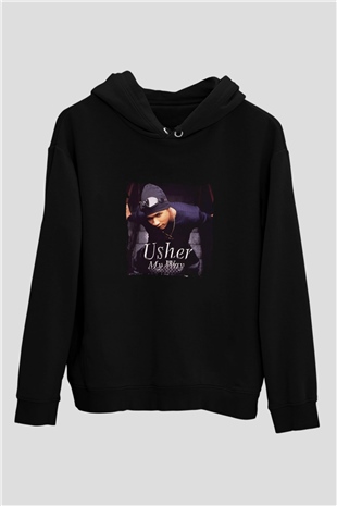Usher  Baskılı Unisex Siyah Hoodie