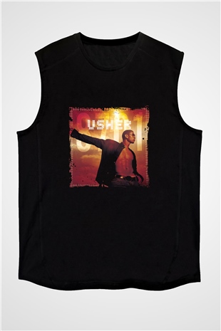 Usher  Baskılı Unisex Siyah Kolsuz Tişört