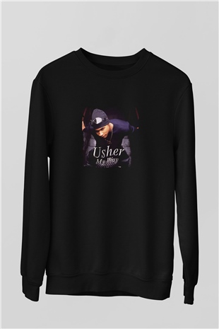 Usher  Baskılı Unisex Siyah Sweatshirt