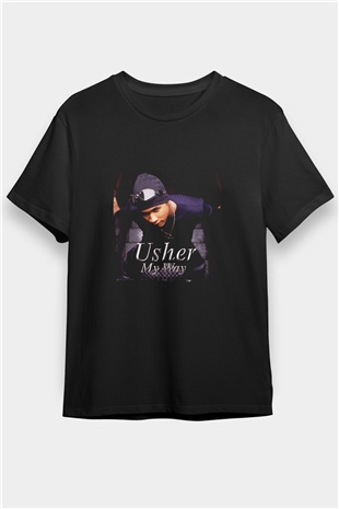 Usher  Baskılı Unisex Siyah Tişört