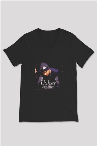 Usher  Baskılı Unisex Siyah V Yaka Tişört