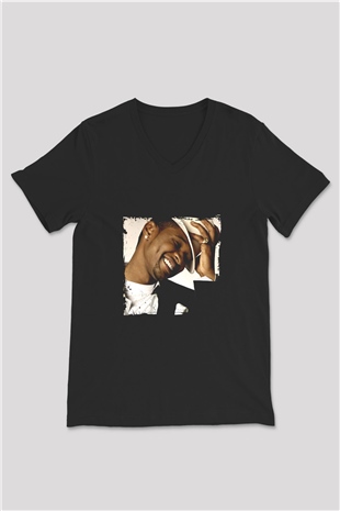 Usher  Baskılı Unisex Siyah V Yaka Tişört