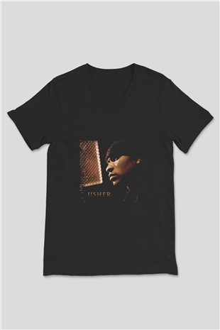 Usher  Baskılı Unisex Siyah V Yaka Tişört