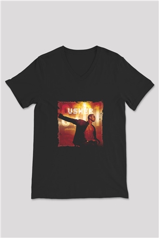 Usher  Baskılı Unisex Siyah V Yaka Tişört