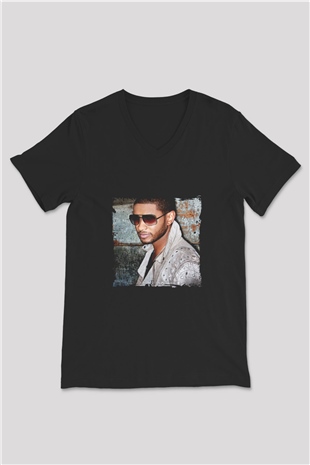 Usher  Baskılı Unisex Siyah V Yaka Tişört