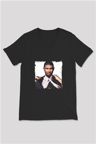 Usher  Baskılı Unisex Siyah V Yaka Tişört