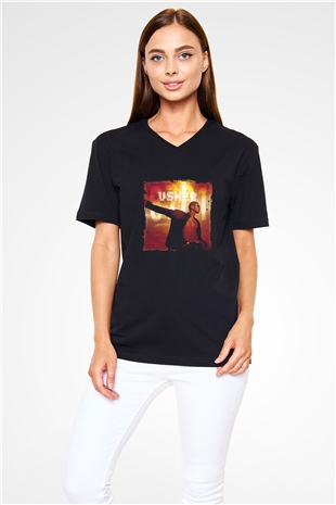 Usher  Baskılı Unisex Siyah V Yaka Tişört