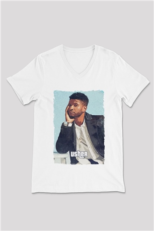 Usher Beyaz Unisex V Yaka Tişört