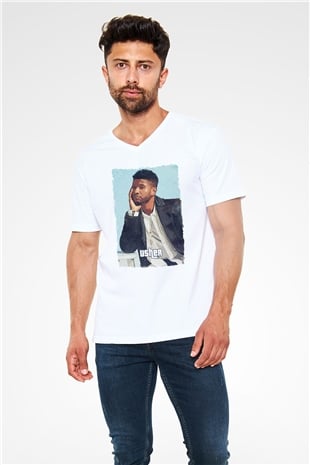 Usher Beyaz Unisex V Yaka Tişört