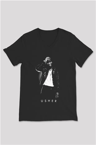 Usher Siyah Unisex V Yaka Tişört