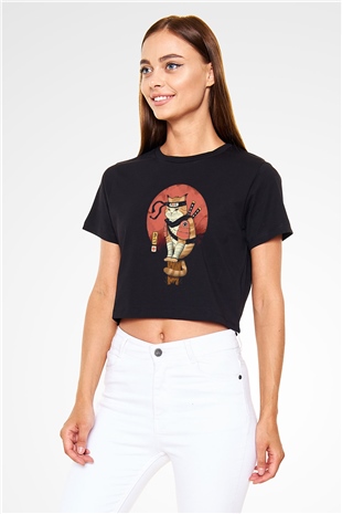 Uzakdoğu Samuray Kedi Baskılı  Siyah  Crop Top Tişört