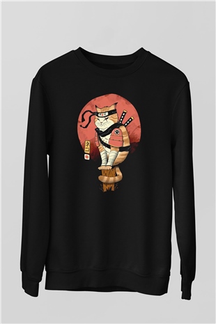 Uzakdoğu Samuray Kedi Baskılı Unisex Siyah  Sweatshirt