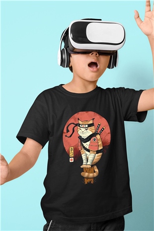 Uzakdoğu Samuray Kedi Baskılı Unisex Siyah  Çocuk Tişört