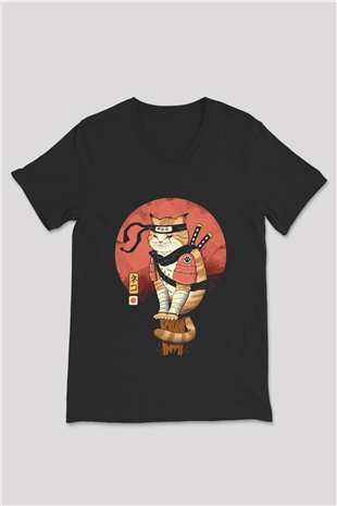 Uzakdoğu Samuray Kedi Baskılı Unisex Siyah  V Yaka Tişört