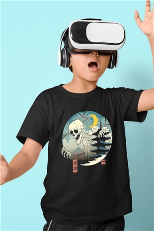 Uzakdoğulu İskelet Baskılı Siyah Unisex  Çocuk Tişört