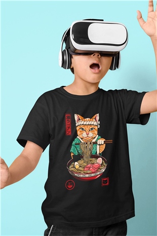 Uzakdoğulu Kedi Baskılı Unisex Siyah  Çocuk Tişört