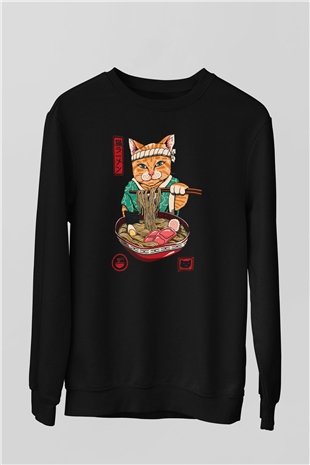 Uzakdoğulu Kedi Baskılı Unisex Siyah  Sweatshirt