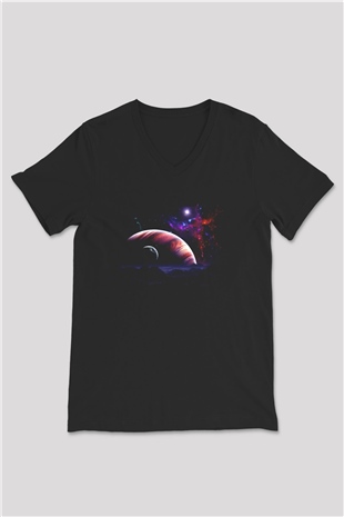 Uzay Siyah Unisex V Yaka Tişört T-Shirt