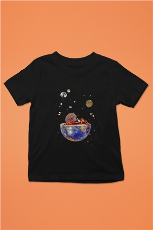 Uzayda Güneşlenmek Baskılı Unisex Siyah  Çocuk Tişört