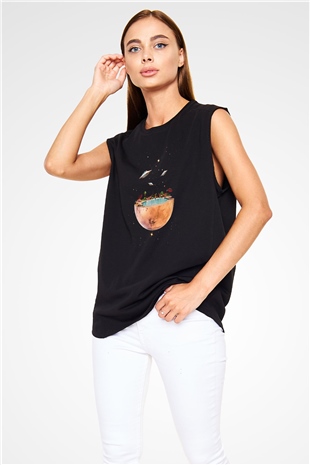 Uzayda Havuz Keyfi Baskılı Unisex Siyah  Kolsuz Tişört