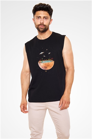 Uzayda Havuz Keyfi Baskılı Unisex Siyah  Kolsuz Tişört