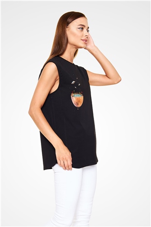 Uzayda Havuz Keyfi Baskılı Unisex Siyah  Kolsuz Tişört