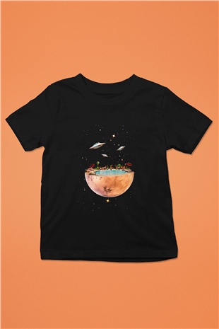 Uzayda Havuz Keyfi Baskılı Unisex Siyah  Çocuk Tişört