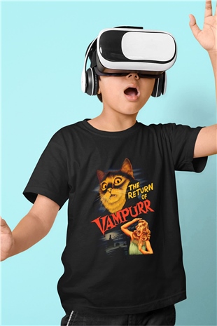 Vampir Kedi Baskılı Unisex Siyah  Çocuk Tişört