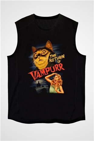 Vampir Kedi Baskılı Unisex Siyah  Kolsuz Tişört