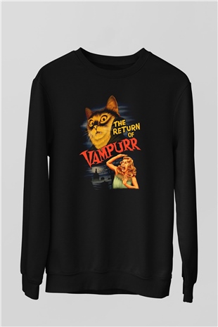 Vampir Kedi Baskılı Unisex Siyah  Sweatshirt