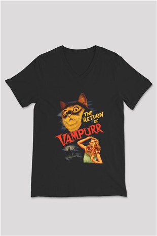 Vampir Kedi Baskılı Unisex Siyah  V Yaka Tişört