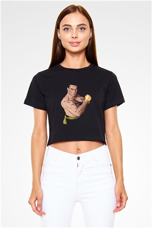 Van Damme James Baskılı Siyah Crop Top Kadın Tişört - Tshirt