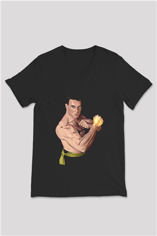 Van Damme James Baskılı Unisex Siyah V Yaka Tişört - Tshirt