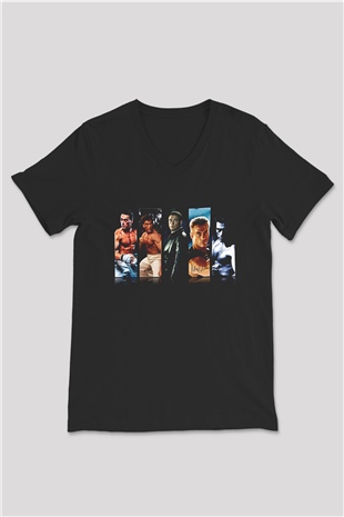 Van Damme James Baskılı Unisex Siyah V Yaka Tişört - Tshirt